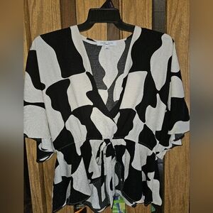 Sweet Rain Sz L Black/White Abstract Print Top